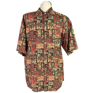Tori Richard Hawaiian Shirt Men XL Orange Palm Tree Cotton Pocket USA Tiki Tapas